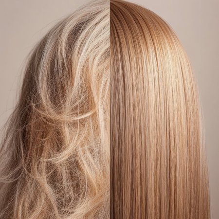 Examination of hair strands highlighting the contrast between dull, damaged hair and smooth, shiny, healthy hair showing the beauty of proper care.の素材