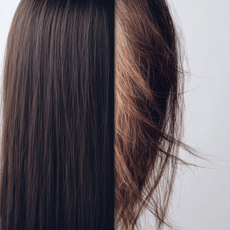 The stark contrast between dull, damaged hair on one side and shiny, healthy hair on the other, highlighting key differences.の素材