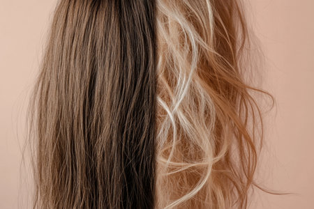 A striking contrast between dull, damaged hair and vibrant, healthy strands, highlighting hair care importance.の素材