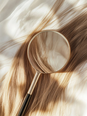 A magnifying glass reveals the texture and flaws of a damaged hair strand on a soft surface, illuminated by natural light.の素材