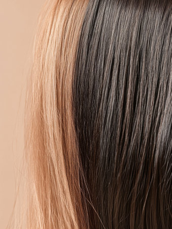 Two contrasting hair strands are displayed, one representing dull, damaged hair and the other featuring shiny, healthy hair for comparison.の素材