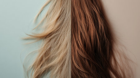 This visual showcases a side by side comparison of hair strands, revealing the contrast between damaged, dull hair and shiny, healthy hair.の素材