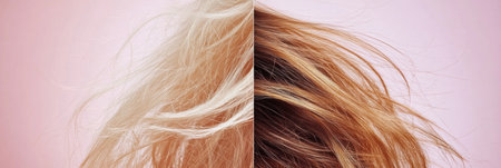 Visual contrast between dull, damaged hair on one side and vibrant, shiny hair on the other side, showing their differences clearly.の素材
