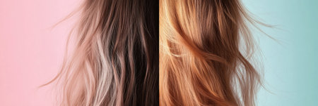 Visual contrast between dull damaged hair strands and shiny healthy hair strands highlights the effects of proper hair care and maintenance.の素材