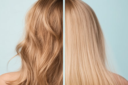 Contrasting hair types show the stark difference between dull damaged strands and shiny, healthy hair full of vitality.の素材