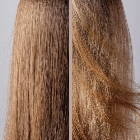 On one side, damaged, dull hair strands appear frizzy and lifeless. On the other side, shiny, healthy hair reflects light and looks vibrant.の素材