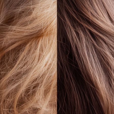 Side by side view highlights the striking difference between damaged dull hair and shiny healthy hair strands, emphasizing texture and beauty.の素材