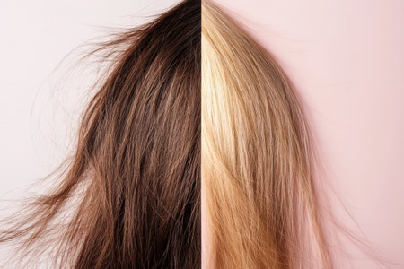 Two hair strands show the contrast one dull and damaged, the other shiny and healthy, highlighting the impact of hair care.の素材