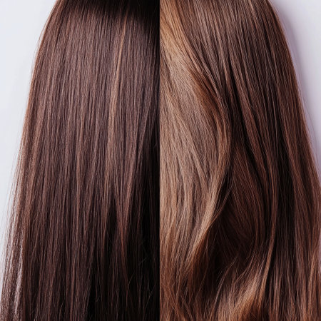 Left side displays dull, damaged hair strands, while right side showcases vibrant, shiny hair, emphasizing the contrast in hair health.の素材
