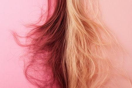 One side illustrates dull damaged hair, while the other displays shiny healthy hair, showing a striking contrast in texture and quality.の素材