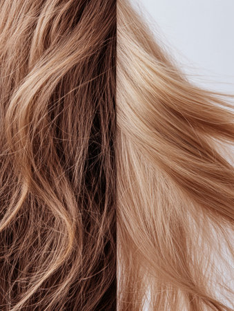 Left side displays damaged, dull hair strands while right side shows shiny, healthy hair, highlighting the contrast in overall hair health.の素材