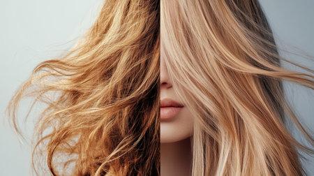 Showing a split view of two hair strands, one side reveals dull, damaged hair while the other showcases healthy, shiny hair with smooth texture.の素材
