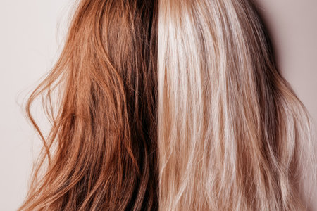 This visual illustrates two distinct hair types, one damaged and dull while the other shines with health and vibrancy, highlighting their differences.の素材