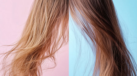 Contrasting hair types display damaged, dull strands on one side and shiny, healthy strands on the other, illustrating hair condition variations.の素材