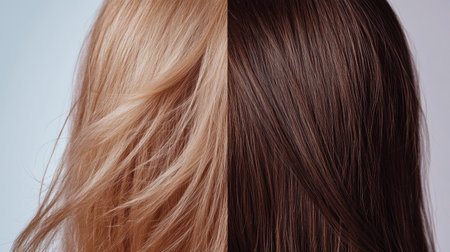 This visual showcases two distinct hair types, one side displaying damaged and dull strands while the other side shows shiny and healthy hair.の素材
