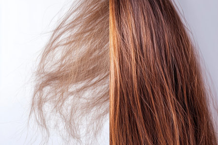 Left side displays damaged, dull hair with frizzy strands while right side showcases shiny, healthy hair with smooth, glossy appearance.の素材