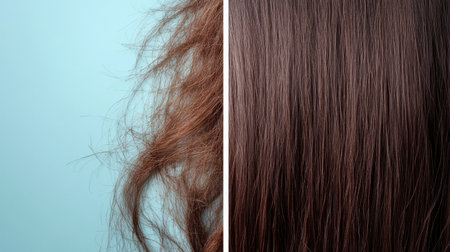 Contrast between damaged hair with frizz and shiny healthy hair showing vibrant texture and shine against a soft backgroundの素材