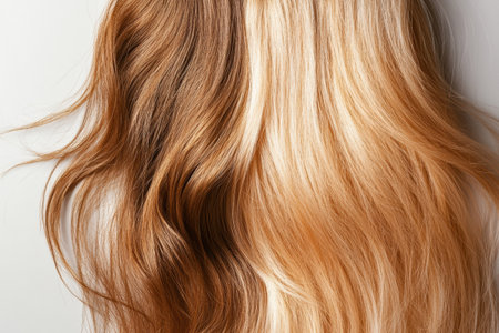 Two hair strands are featured side by side, showing the difference between damaged dull hair and shiny healthy hair textures for better hair care.の素材