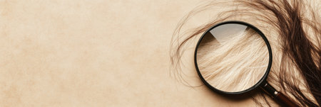 A magnifying glass reveals the intricate details of a damaged hair strand, highlighting its texture and condition for health assessment.の素材