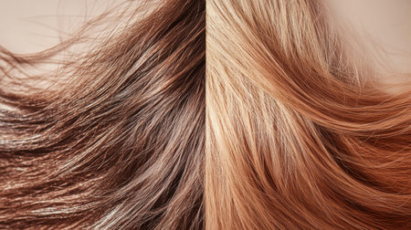 Visual representation highlights the contrast between damaged, dull hair and shiny, healthy hair strands, illustrating their distinct textures.の素材