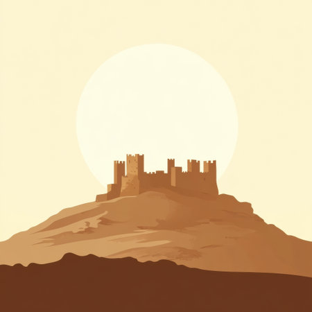 An ancient castle stands majestically on a hill, bathed in warm sunset hues, evoking a sense of timelessness and mystery.の素材