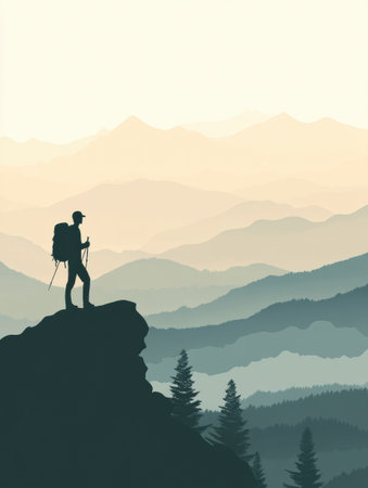 Silhouette of a hiker with a backpack gazing out over misty mountains at dawn, feeling the peace of nature in the open space.の素材
