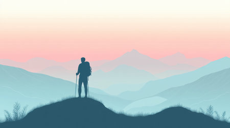 Silhouette of a hiker with a backpack enjoying the view from a mountain ridge during sunset, surrounded by serene mountain landscapes.の素材