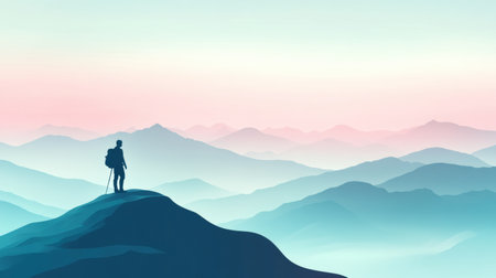 Silhouette of a hiker with backpack enjoys breathtaking views from a mountain ridge during early dawn with colorful skies.の素材