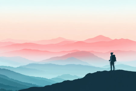 A hiker with a backpack gazes into the distance from a mountain ridge during sunset, surrounded by layers of colorful mountains.の素材