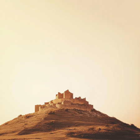 Ancient castle stands proudly on a hilltop during twilight, enveloped in the soft warmth of the setting sun against a clear sky.の素材