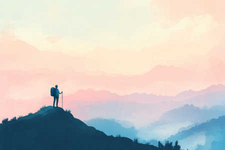 A lone hiker stands on a mountain ridge, backpack on back, taking in the expansive view of distant peaks under a colorful sunset sky.の素材
