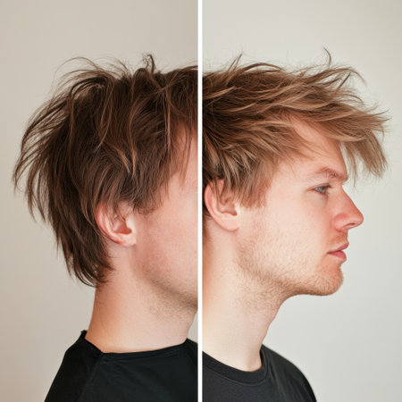 Visual demonstration contrasts unkempt hair on one side with a stylish haircut on the other, highlighting personal grooming impact on looks.の素材