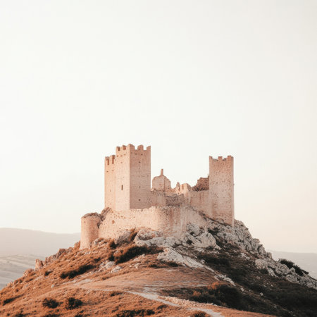 Ancient stone castle located on a hilltop surrounded by serene landscapes during sunset, providing a perfect backdrop for custom text.の素材