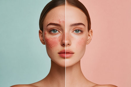 One side of the face shows redness and acne while the other side exhibits clear, glowing skin, revealing contrasting conditions clearly.の素材