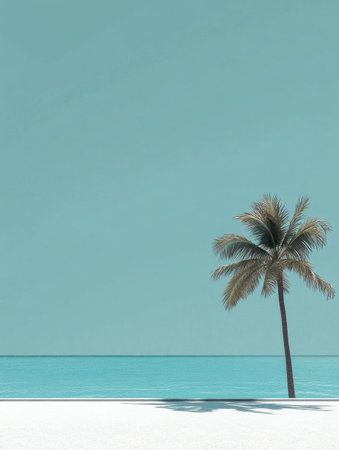 Enjoy a serene tropical beach featuring a coconut palm tree and vibrant turquoise water, perfect for relaxation and tranquility.の素材
