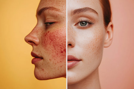 A striking contrast shows acne and redness on one side and glowing skin on the other.の素材