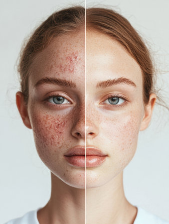 Comparison of two skin conditions showing acne and redness on one side and smooth, glowing skin on the other, emphasizing skincare differencesの素材