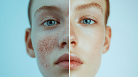 Split face visualization contrasting acne and redness with smooth, glowing skin, providing a clear view of skin differences and potential treatments.の素材