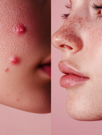 This visual presents a side by side comparison showing how acne affects skin texture, paired with smooth, glowing skin for contrast.の素材