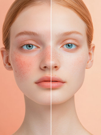 Contrast showcases acne and redness on one half of the face, while the other half displays clear, smooth, radiant skin for visual analysis.の素材