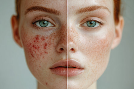 One side of the face shows significant acne and redness while the other side displays smooth, glowing skin, highlighting skincare differences.の素材