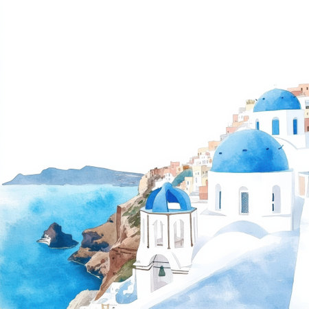 Coastal village features iconic white structures and blue domes, set against a vibrant sea and sky during daytime in Santorini.の素材