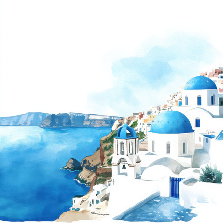 Bright blue houses stand proudly in Santorini while the tranquil sea reflects the blue sky on a beautiful sunny day.の素材