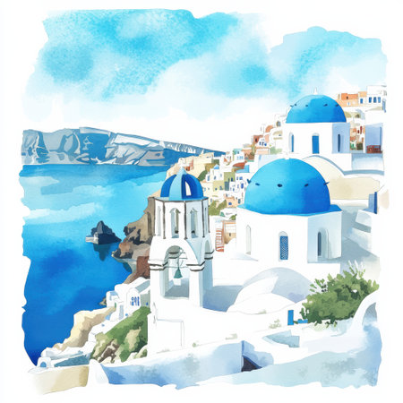Colorful watercolor artwork depicts iconic Santorini architecture with blue domes, overlooking a sparkling blue sea under a clear sky.の素材