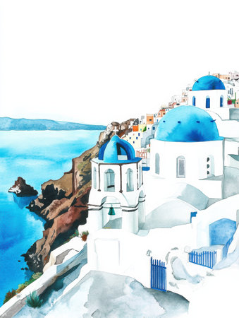 Watercolor artwork captures the vibrant blue houses and white buildings of Santorini along the stunning coastline under clear skies.の素材