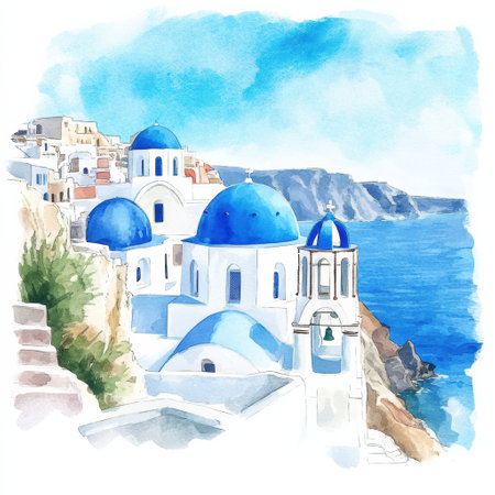 Vibrant watercolor shows stunning blue domes of churches overlooking the sea on a Greek island under clear skies.の素材