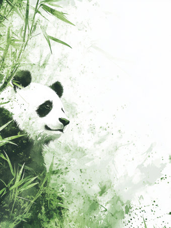 Panda relaxes among vibrant green bamboo leaves while enjoying a peaceful moment in its natural habitat surrounded by soft colors.の素材