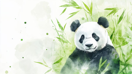 A charming panda sits peacefully amidst lush bamboo, showing vibrant greens in a serene, artistic portrayal of wildlife.の素材