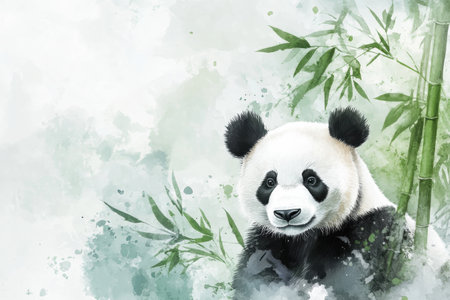 A giant panda rests peacefully among bamboo plants in a tranquil setting. Soft colors enhance the serene atmosphere of the scene.の素材