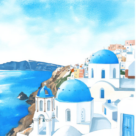 Watercolor artwork captures the beauty of Santorini, featuring iconic blue houses and a scenic coastal landscape under a clear sky.の素材